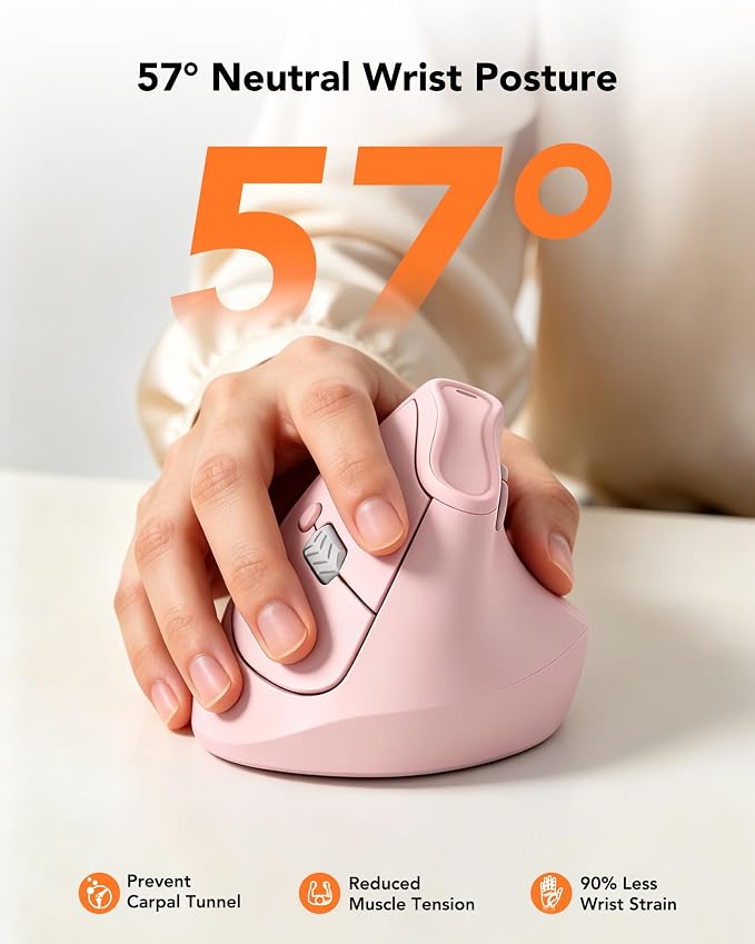 KYSONA Ergonomic Mouse Wireless, Bluetooth Vertical Mouse, 5-Level Adjustable DPI, 2.4G Silent Switch Mice for Windows, MacOS, IPadOS, Laptop, PC, Pink
