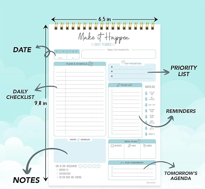 Decorably 52 Sheets Blue Undated Daily Planning Sheets - 6.5x10in Spring-Bound Planner Notepad, Easy Tear-Off, for Schedule, Priorities, Agenda, Water Intake, Meals, Notes and Doodles - Home, Office