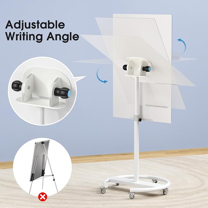 MaxGear Magnetic Glass Mobile White Board, 40" x 28" Adjustable Height | Whiteboard with Stand & Wheels, Portable Dry Erase Easel for Office, Classroom & Home, Includes 4 Markers, 6 Magnets & Eraser