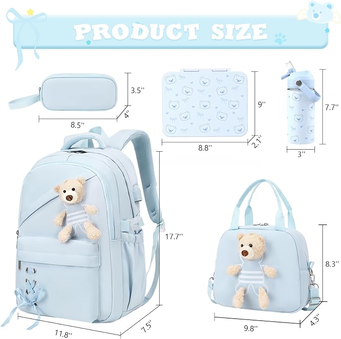 ACESAK Girls Backpack for School Set - 5 PCS Cute Girls Backpack with Lunch Box, Pencil Case, Bento Box & Insulated Water Bottle - Kawaii Casual Kids Bookbag Set Back to School Supplies (Blue)