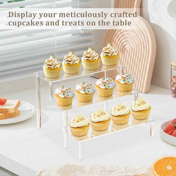AZEAM Acrylic Display Riser, Clear Perfume Organizer, 3 Tier Cupcake Stand | Acrylic Shelves for Amiibo Funko POP Figures, Shelf Risers for Makeup and Cosmetic, Riser Stand for Vendor Collector, 3 Pack