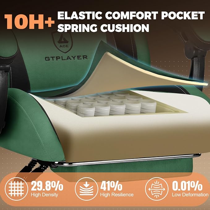 GTPLAYER Gaming Chair with Footrest, Ergonomic Office Chair 400lbs Heavy Duty, Big and Tall Computer Desk Chair with Lumbar Support and Headrest, Breathable Plush Fabric, 90-155° Recline Green