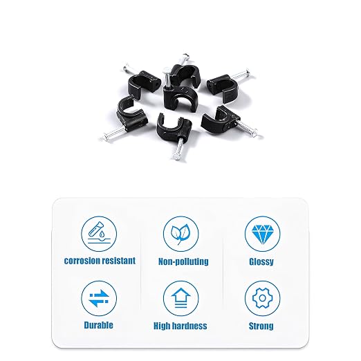 700 Pcs Cable Clips with Steel Nails, Nail in Cable Clips, Black 4/5/6/8/10mm Cable Wire Clips, Cable Wall Clips, Wire Staples Cord Clips with Nails for Speaker Ethernet Cords Wires