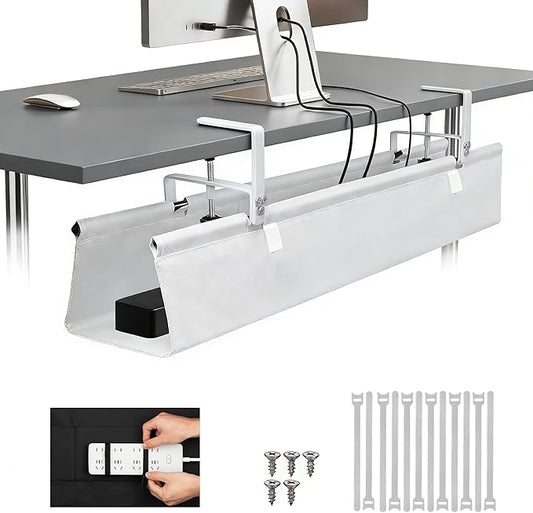 Oxford Cloth Under Desk Cable Management Tray,No-Drill 36" Desk Cable Management Organizer with Clip/Screw Installation,Fabric Cable Management for Home,Office & Gaming Computer(White)