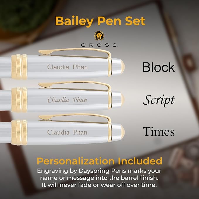 Cross Bailey Medalist Engraved Ballpoint and Fountain Pen Set, Chrome with 23K Gold Trim, Personalized Gift for Executives, Retirement, Career Advancement, Graduation, Gift Box Included