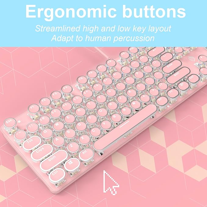 Typewriter Style Mechanical Gaming Keyboard LED Backlit Wired with Blue Switch Retro Round Keycap 104 Keys Keyboard (Pink 104Keys LED)
