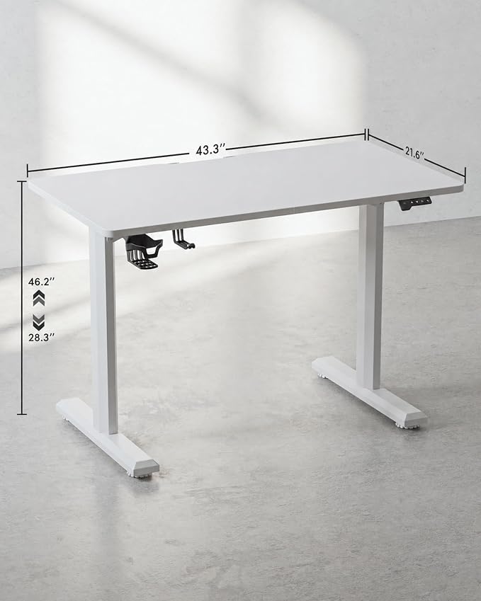 FEZIBO Standing Desk, 44 × 22 Inches Electric Height Adjustable, Sit and Stand Up, Computer Office Desk with Splice Board, White Frame/White Top