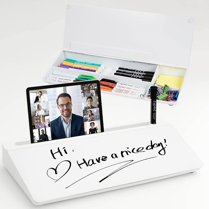 Desktop Glass Whiteboard Set with 3 Colors Markers and 1 Eraser,Desk Dry Erase Glass Whiteboard for Home Office and School Accessories Supplies with Storage Caddy for Computer Keyboard Stand.
