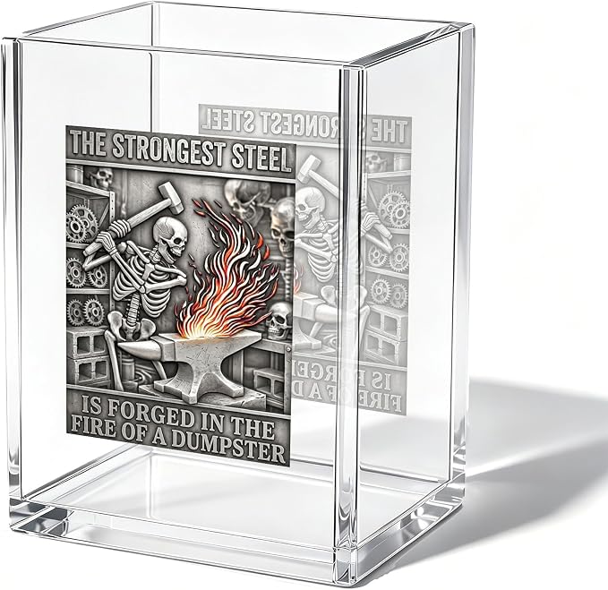 Funny Skull Dumpster Fire Office Acrylic Cosmetic Pen Pencil Holder Cup, The Strongest Steel Forged Dumpster Fire Pencil Organizer, Humor Desk Accessories, Inspirational Gifts for Coworker（A36）