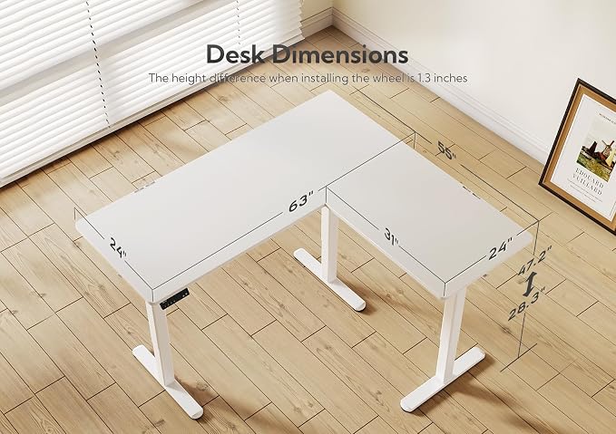 Claiks L Shaped Standing Desk Dual Motor Adjustable Height 63x55in White | Height 28.5-47.2in, 220lbs capacity, sturdy steel frame, splice board included, ideal for home office corner