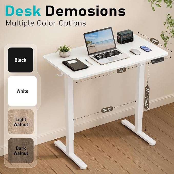 35" Electric Standing Desk, Small Sit Stand up Desk, White | Height Adjustable Computer Desk for Home Office, Compact Work & Gaming Desk with Cable Management and Stable Steel Frame