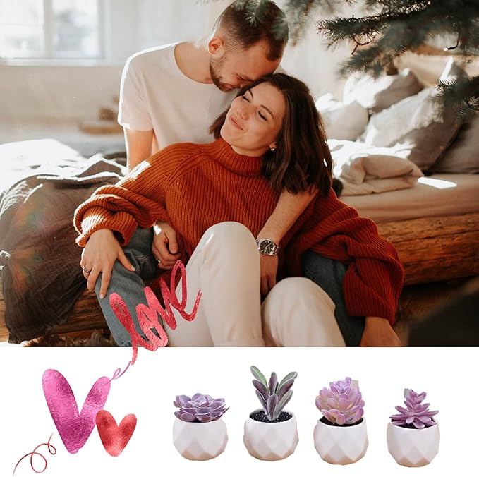 CADNLY Fake Succulent Plant Set - Artificial Desk Plants for Women Desk - Realistic Faux Succulents in Ceramic Pots - Mini Purple Decor for Bedroom Bathroom Office Shelf 4 Pack