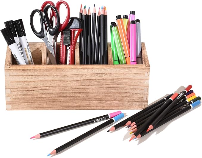 WuGeShop Wooden Pen Pencil Holder for Desk, 4 Compartment Rustic Rectangular Pen Organizer, Wood Desktop Organizer Caddy, Multi Purpose Use for Home School Office Supplies, Stationery