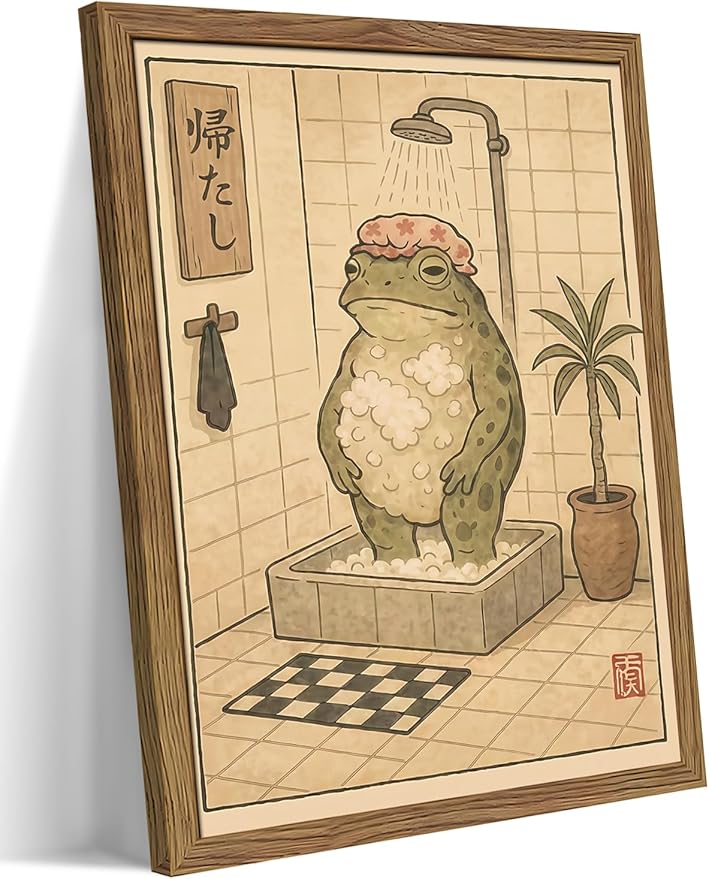 Framed Vintage Frog Bathroom Wall Art, Funny Cute Green Frog in Bubble Bath Canvas Prints, Japanese-Style Retro Cartoon Animal Artwork, Whimsical Wall Decor for Dorm Apartment Toilet 16x24in