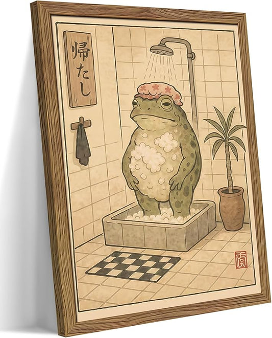 Framed Vintage Frog Bathroom Wall Art, Funny Cute Green Frog in Bubble Bath Canvas Prints, Japanese-Style Retro Cartoon Animal Artwork, Whimsical Wall Decor for Dorm Apartment Toilet 8x10in