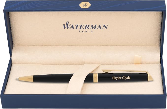 Waterman Hemisphere Engraved Ballpoint Pen, Black Lacquer with 23K Gold Trim, Twist Action, Personalized Gift for Executives, Retirement, Board Members, Career Advancement, Gift Box Included
