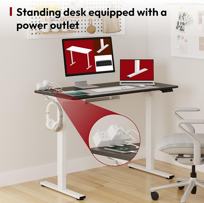 SANODESK Electric Standing Desk with Desk Clamp Power Strip 40"x 24" Whole-Piece Desktop Height Adjustable Stand Up Desk with Cable Management Sit Stand Home Office Desk White Frame/Black Top
