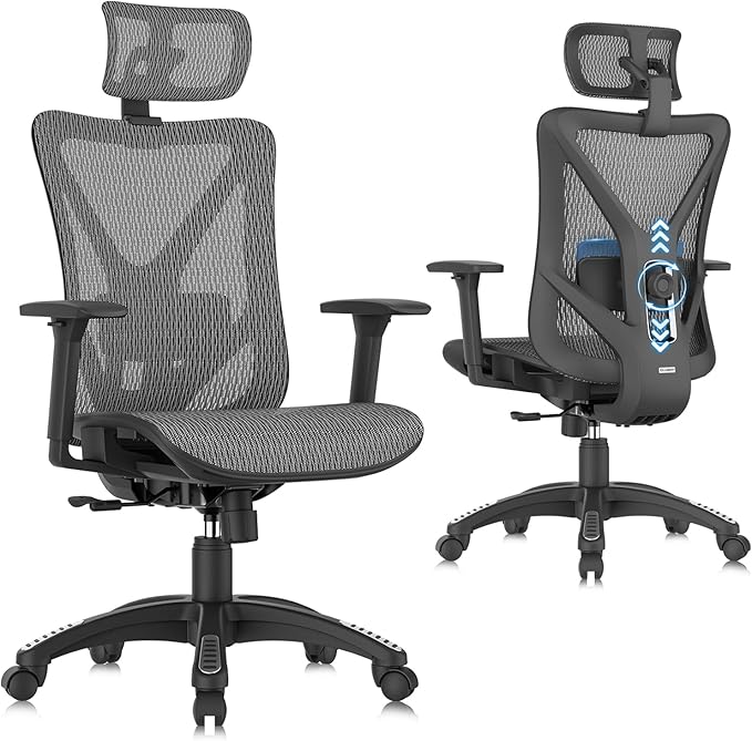 ELABEST T23 Ergonomic Mesh Office Chair, High Back Computer Desk Chair, Breathable AirMesh with Dual-Move Lumbar Support, 3D Armrests & Headrest, Tilt Lock,Big and Tall for Home Office(Graphite)