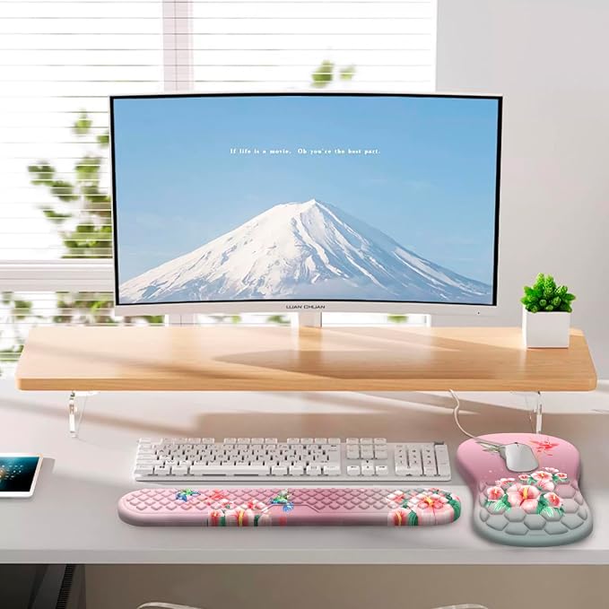 Mouse Pad Wrist Support, Laokiiy 2 in1 Keyboard Wrist Rest+ Ergonomic Mouse Pad, Non-Slip Wrist Rest for Computer Keyboard, Made Easy Typing & Relieve Wrist Pain(Bird Pink)