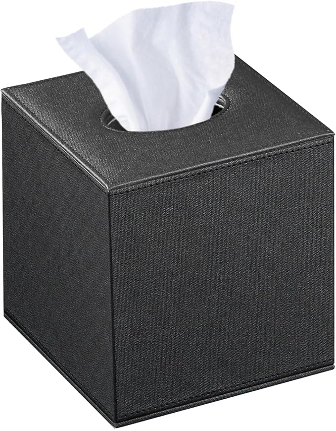Leather Tissue Box Cover Square,Decorative Cube Tissue Box Holder with Magnetic Bottom,Facial Paper Organizer Table Napkin Case Dispenser for Bathroom NightStand Coffee Car Home Office,Black