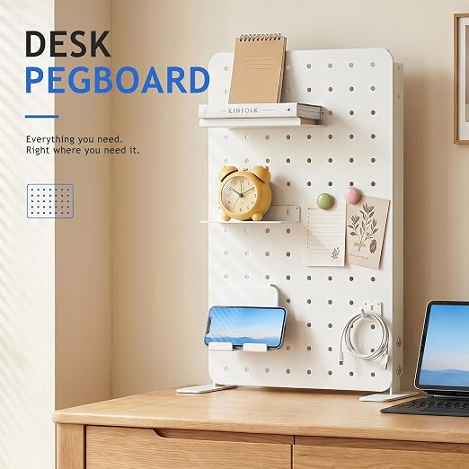 White Metal Desk Pegboard, 1 Pack Standing Organizer with Hooks | Freestanding 8.67 x 14.17 in panel with stands, hooks, shelves, phone holder and magnetic patches for desk storage