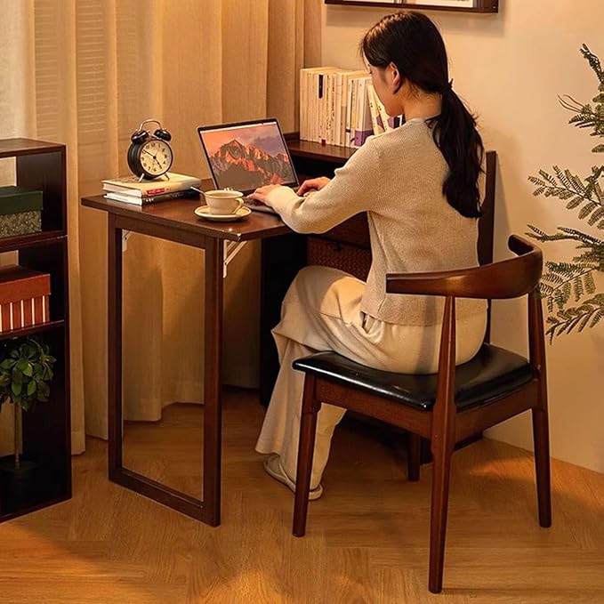 Bamboo Folding Desk with Storage, Space-Saving Foldable Computer Desk for Small Spaces, Vintage Fold Out Hideaway Small Desks Writing Study Table for Bedroom Home Office