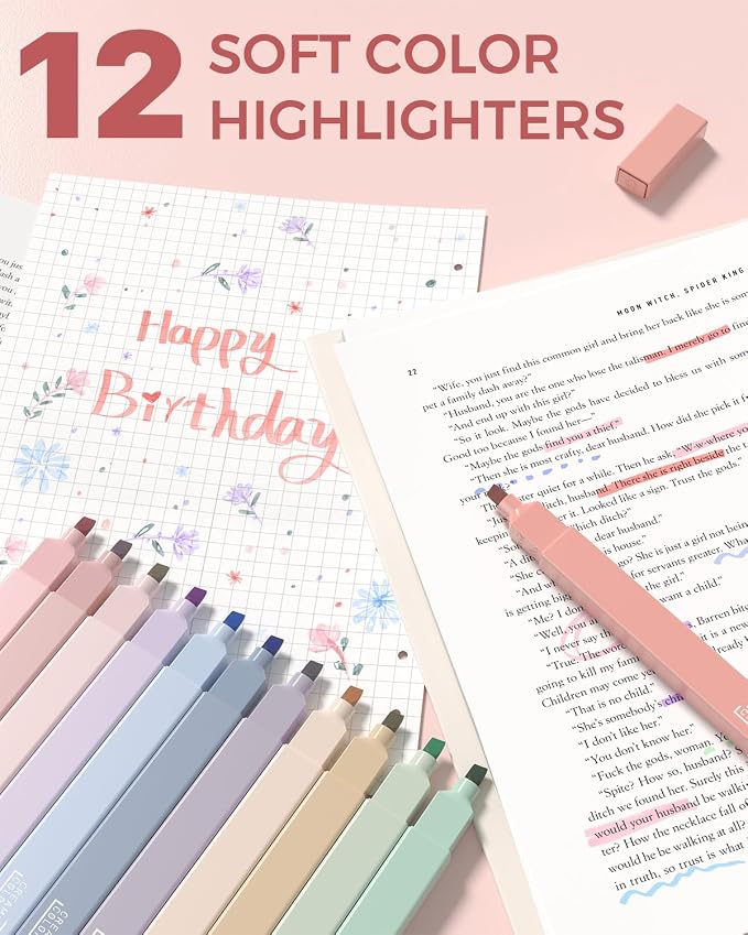 Four Candies 56 PCS Stationery Set, Cute Storage Case with Supplies, 6 Multicolor Pens, 12 Pastel Highlighters, 5 Gel Pens Black Ink, 9 Mechanical Pencils for College Essentials Stuff (Pink)