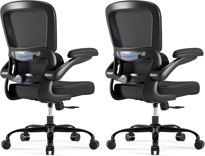 TRALT Ergonomic Office Chair - Desk Chair with Adjustable Headrest Lumbar Support Computer Chair - Mesh Comfy Chair with Flip-up Armrests - Gaming Chair for Adults Home Office PU, Black, Pack of 2