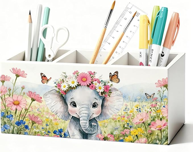 Elephant Pen Pencil Holder for Desk Accessories, Elephant Gifts for Women & Kids, Rustic Butterfly Flower Wild Animal Wooden Box Sign Decorations for Kids Room Home Office Desk Tabletop