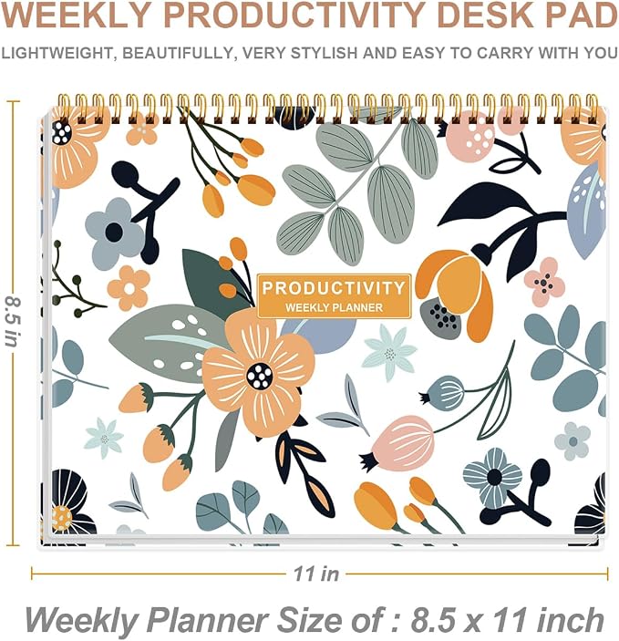 Weekly Productivity Planner - 8.5" x 11" Dashboard Desk Notepad Has 6 Focus Areas to List Tasks for Goals, Projects, Clients, Academic or Meal-Organize Your Daily Work Efficiently, 54 Weeks, Rose Flower