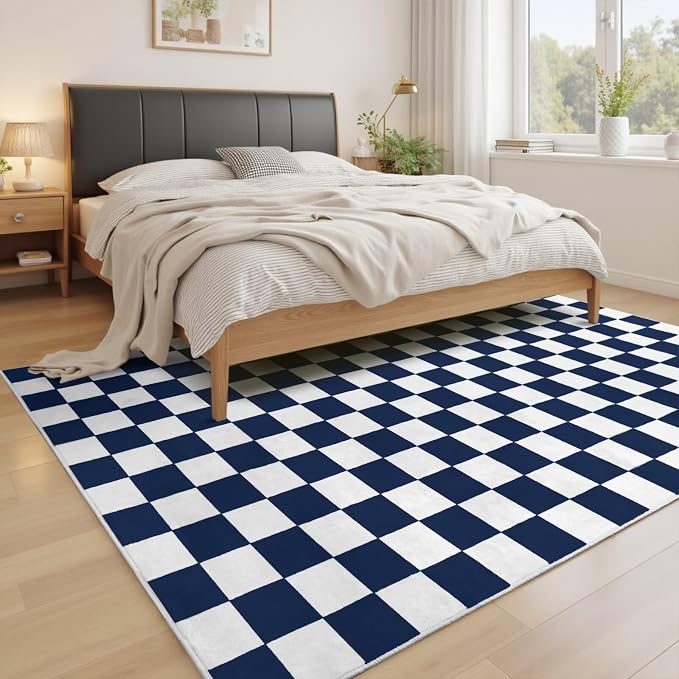 Terrug Navy and White Checkered Rug for Bedroom,4x6 Area Rugs Washable with Non Slip for Living Room,Soft Low Pile Stain Resistance Retro Carpet for Dorm Kids Room