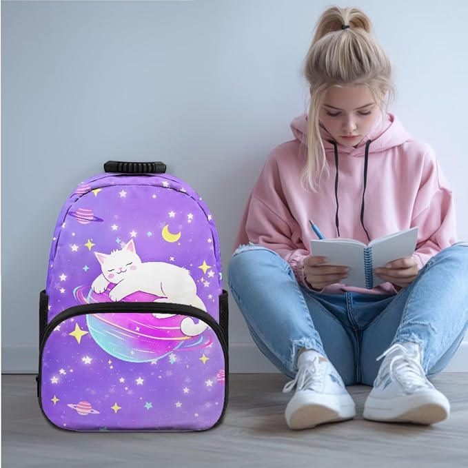 Ystardream Starry Sky Cat Backpack for Girls School Backpack With Lunch Box 17 Inch School Bags for Girls Students 14 inch Laptop Bookbags for Teens 4 in 1 Pencil Case&Water Bottle Sleeve Set