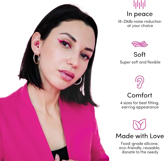 Audree Soft Ear Plugs for Noise Reduction, Reusable Flexible Earplugs for Sleep, Travelling, Focus, Study & Noise Sensitivity, 28dB Noise Cancelling, 8 Silicone Ear Tips in XS/S/M/L, Rose