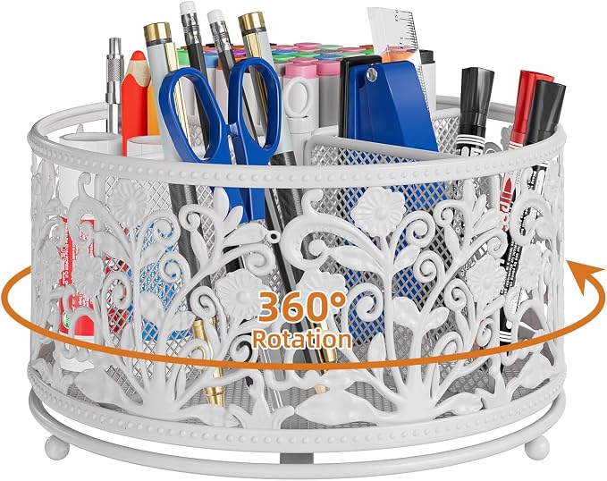 EKNITEY Rotating Mesh Desk Organizer - 4 Slots Cute Pen Pencil Holder Caddy | Sturdy Metal, 360°Rotation Smooth, 4 Compartments, Non-Slip Base, Cute Floral Design, for Office Home Classroom School, White