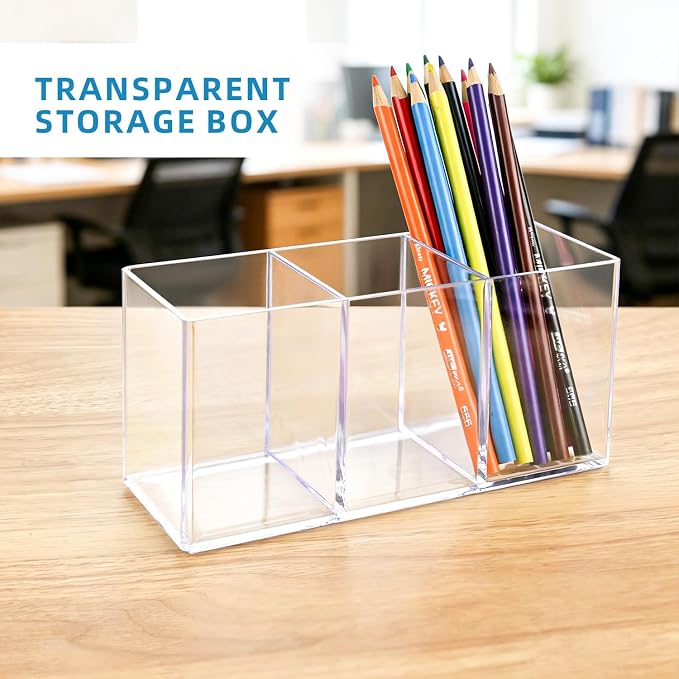1 Pcs Acrylic Pen Holder 3 Compartments Clear Desk Organizer | Desk Organizer, Multi-Use Pencil Cup, Makeup Brush Silverware Caddy, For Office Classroom Bathroom Countertop Storage