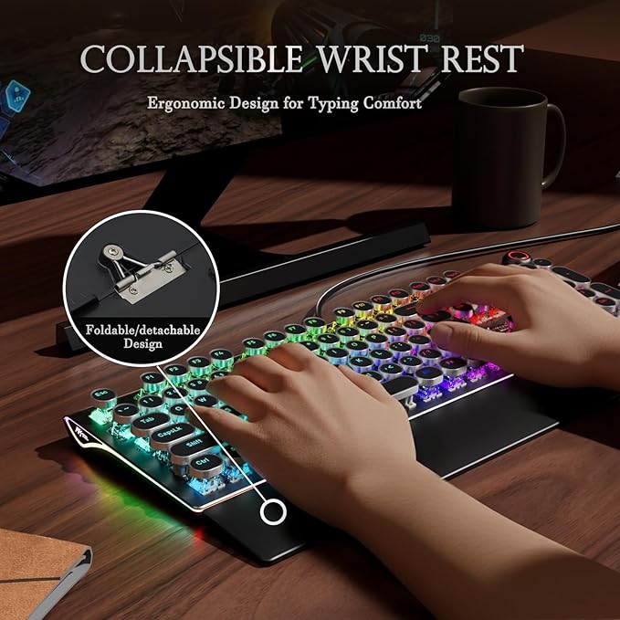 RK ROYAL KLUDGE X108 Typewriter Keyboard with Knob, Wired Mechanical Gaming Keyboard, 108 Keys RGB Backlit Sidelight, Detachable Wrist Rest, Retro Round Keycaps Blue Switches - Shadow Black