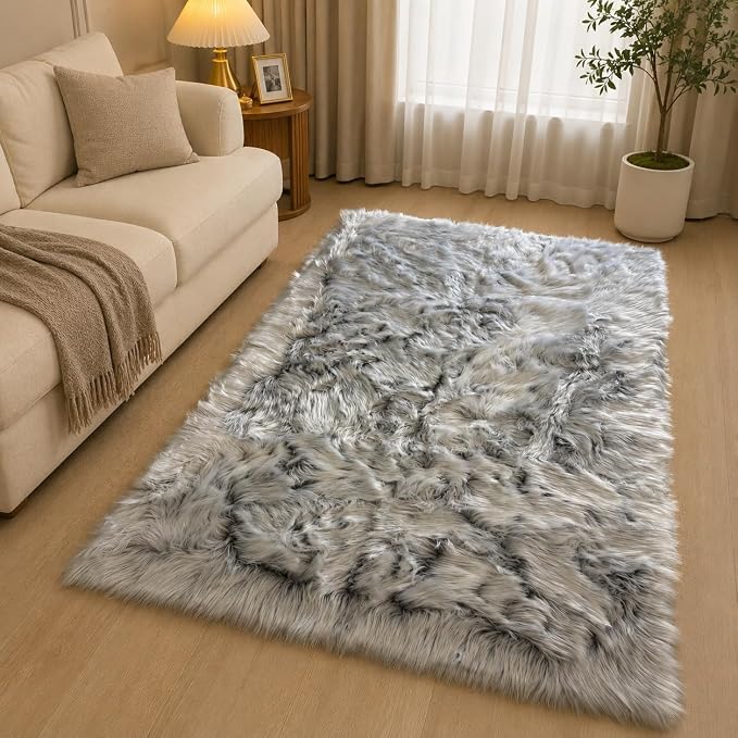 EasyJoy Faux Sheepskin Rug, Fluffy Faux Fur Rug, Ultra Soft Shag Area Rug with Non-Slip Backing for Bedroom, Living Room, Nursery, Kids Room(4 x 6 ft Rectangle, Frosted Bottom Gray)