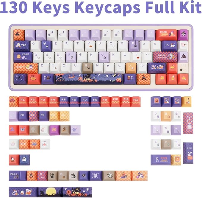 Cute Keycaps, Cherry Profile PBT Keycaps 130 Keys Dye-Sublimation Custom Keycap Set for 61/64/68/84/87/100/104/108 Cherry Gateron MX Switches Gaming Mechanical Keyboard Halloween Themed