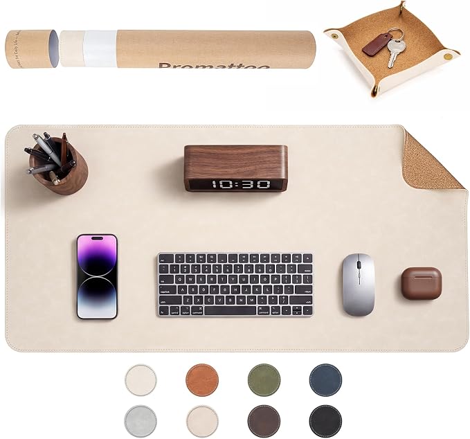 Premium Faux Leather Desk Mat & Tray Set，Innovative Cork-Look Printed Base，Gift Tube Packaging，Full-Desk Coverage，Non-Slip Desk Pad for Office Home（Ivory White）