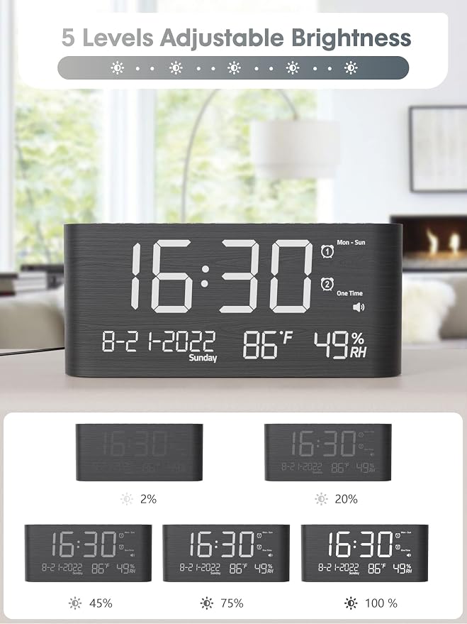 Raynic Alarm Clock, 8.7 Inch Digital Clock, Alarm Clock with USB and Type-C Charger,Dual Alarms,Temperature, Humidity,Date, 5 Adjustable Volume and 5 Dimmer for Bedroom Living Room Office (Grey) | USB-C and USB Charging Ports, Date, Indoor Temperature ...