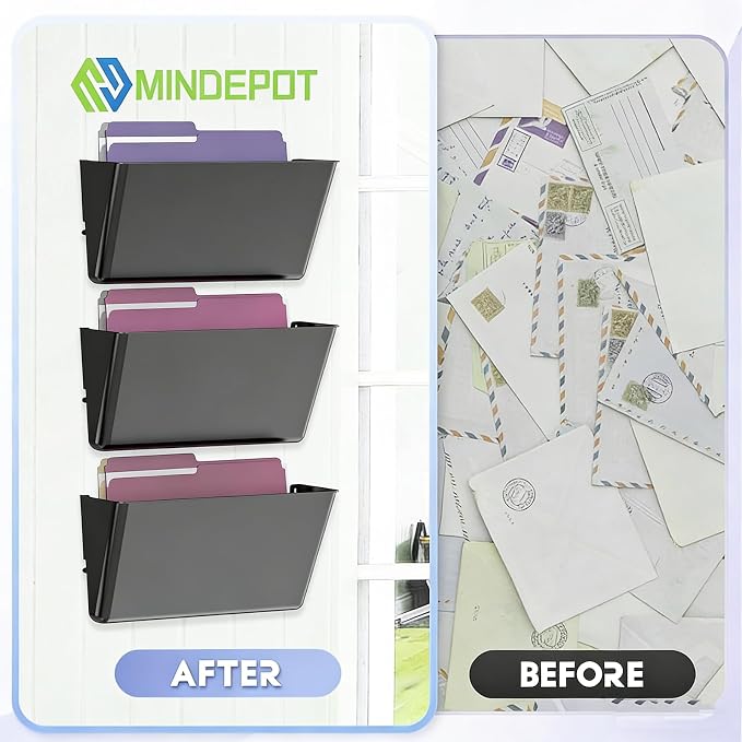 MINDEPOT 3 Pockets Acrylic Wall File Organizer, Wall File Holder Black