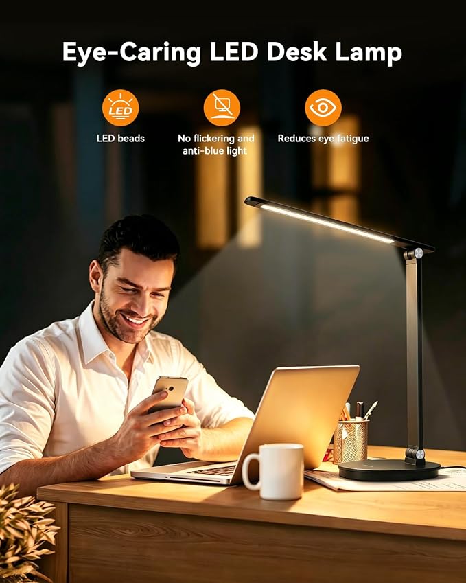 LED Desk Lamp with USB Charging Port, Touch Control, 6 Brightness Levels 6 Color Temperatures, Eye-Caring Desk Light with 1-Hour Timer, Adjustable Foldable Lamp for Home Office, Bedroom, Study