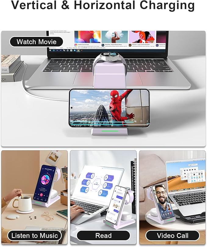 Wireless Charger for Samsung Charging Station, ADADPU 3 in 1 Charging Station for Multiple Devices Dock for Samsung Galaxy S25 S24 Ultra S23 S22 S21 Z Flip/Fold 5, Galaxy Watch 7/6/5/4/3/Buds (Purple)