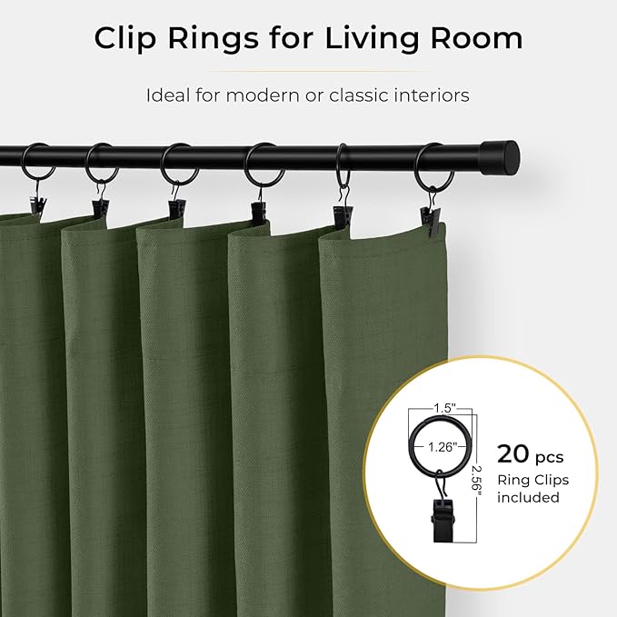 INOVADAY 100% Blackout Curtains for Bedroom, Olive Green Black Out Curtains 84 Inch Long, Clip Rings Linen Blackout Drapes, Thermal Insulated Room Darkening for Living Room, 2 Panels - W50xL84