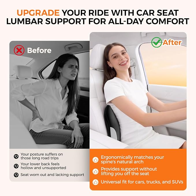 BEBAS Ergonomic Lumbar Support Pillow for Car, Memory Foam Back Support for Lower Back Pain Relief, Comfort Lumbar Cushion for Driving, Fixed Ring Lumbar Pillow for Car Seat, Office Chair -Black