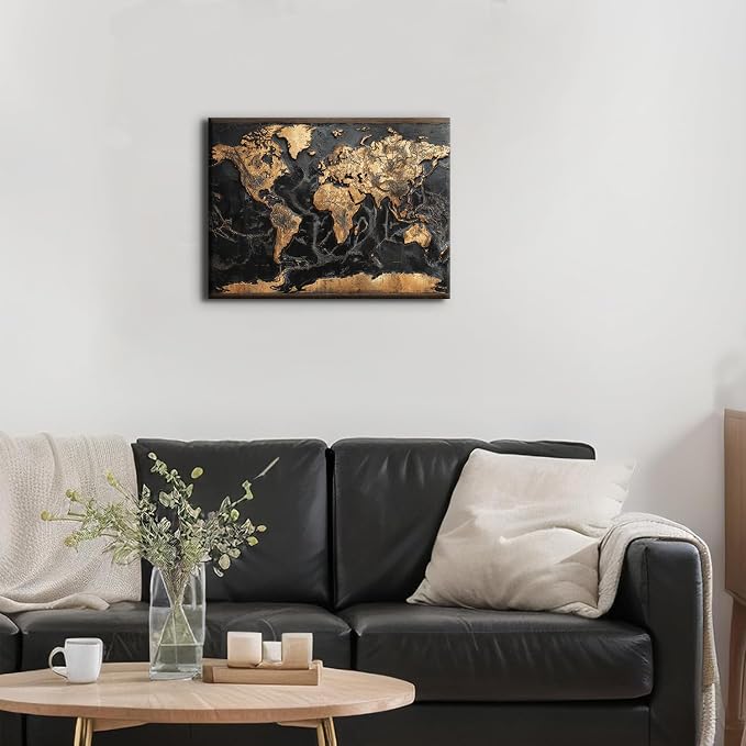 World Map Wall Art for Office Black and Gold Wall Decor Vintage Map of The World Picture Abstract Global Maps Canvas Prints Retro Nautical Artwork for Living Room Men Bedroom Home Decoration 12x16"