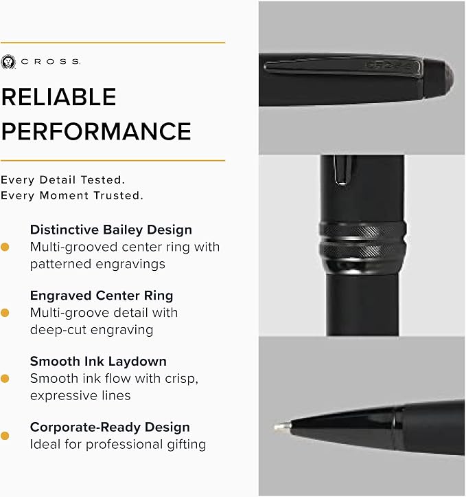 Cross Bailey Matte Black Lacquer Ballpoint Pen - Refillable Pen for Long-Lasting Use - Smooth Writing - Comfortable Grip - Stylish Distinctive Look - Black Ink - Corporate Gifts