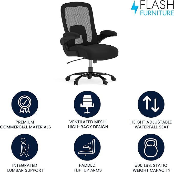 Flash Furniture Big & Tall Mesh Swivel Office Chair, Black | Mesh Back, Lumbar and Back Support, Flip-Up Arms