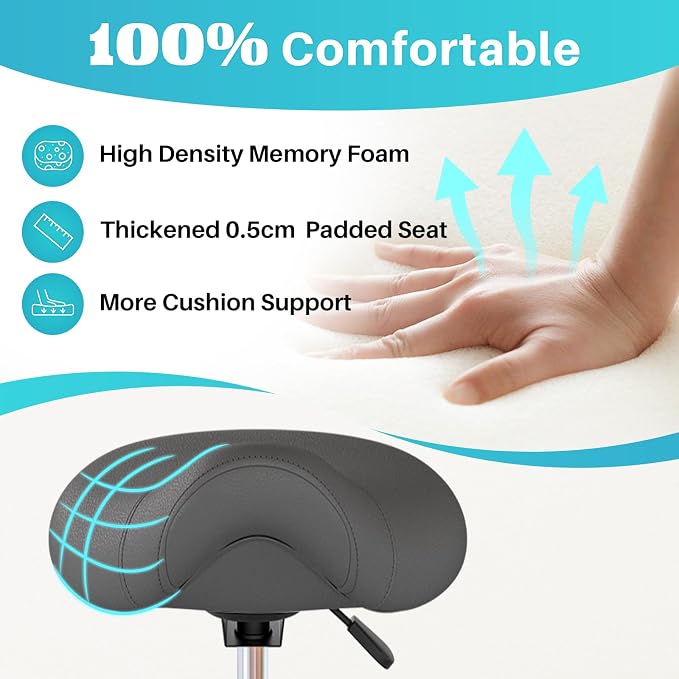 YEEZEE Saddle Stool Ergonomic, Saddle Chair with Wheels, Grey | Comfortable Wide Thick Saddle Seat Padding, 360°Swivel, Adjustable Height, Ring Pedal Design, for Medical Massage Salon Spa