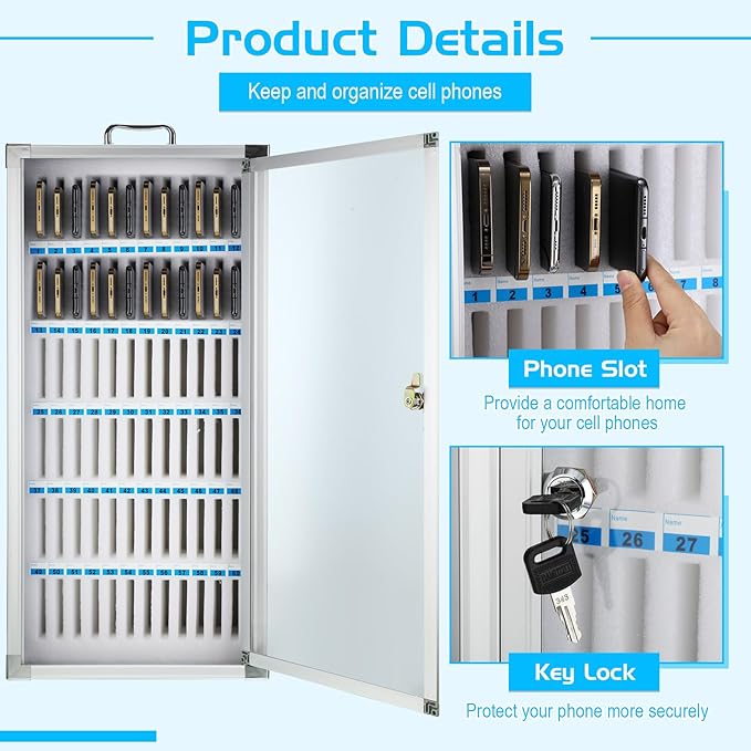 Amylove Cell Phone Locker Cabinet Aluminum Alloy Pocket Chart Storage Locker Box Cabinet Wall-Mounted Cell Phones Storage Box with Handle for Office Classroom Gym(White,72 Slots)